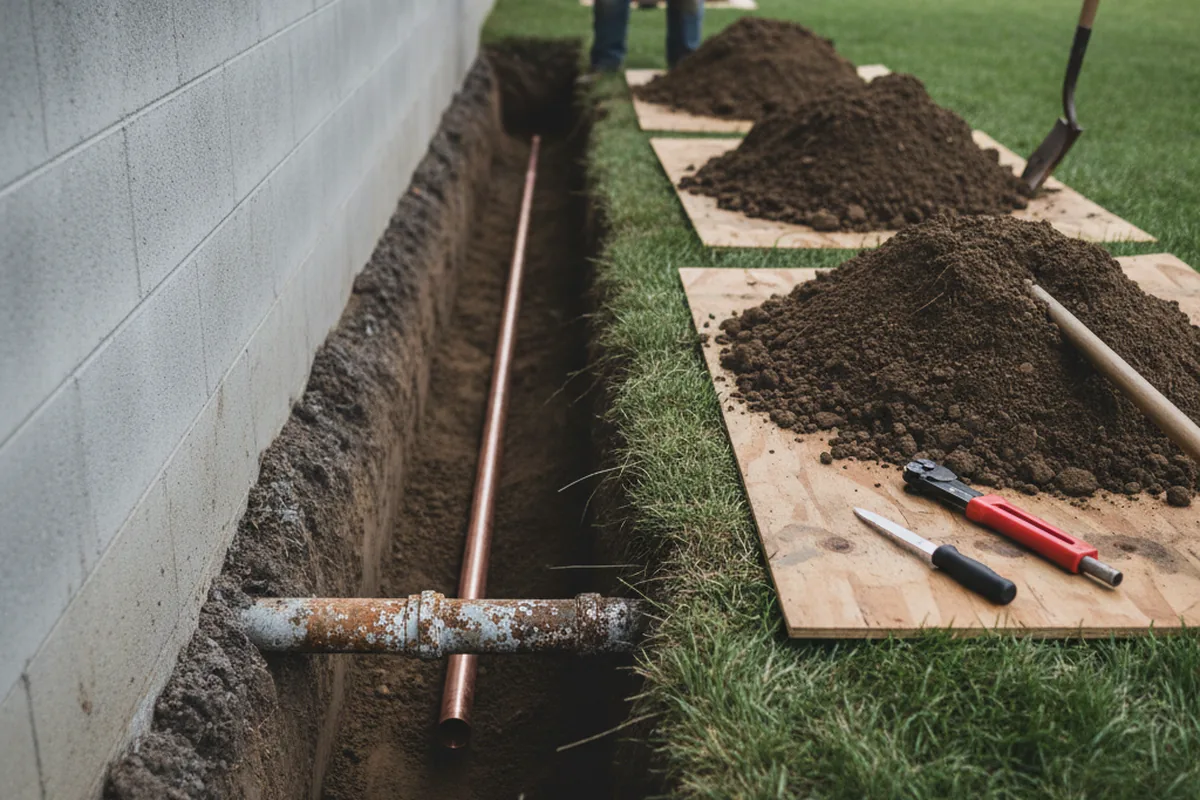 Excavated water line trench during Water Softener Installation in Princeton